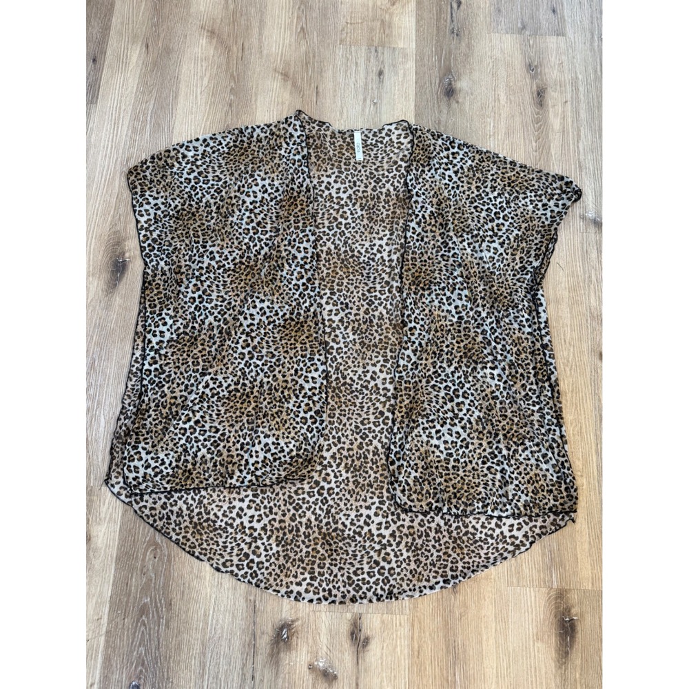 Leopard Print Kimono Cover Up Women OS Brown Sheer Animal Mesh High Low Mob Wife - Picture 7 of 7